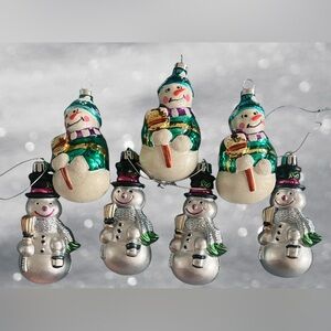 Snowman Christmas Ornaments Set of Seven Hand Blown Glass and Plastic